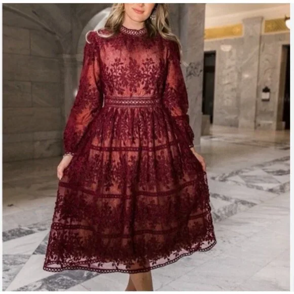 Ivy City Co | Dresses | Ivy City Sicily Dress Womens Small Burgundy Lace  Midi Embroidered Sheer | Poshmark